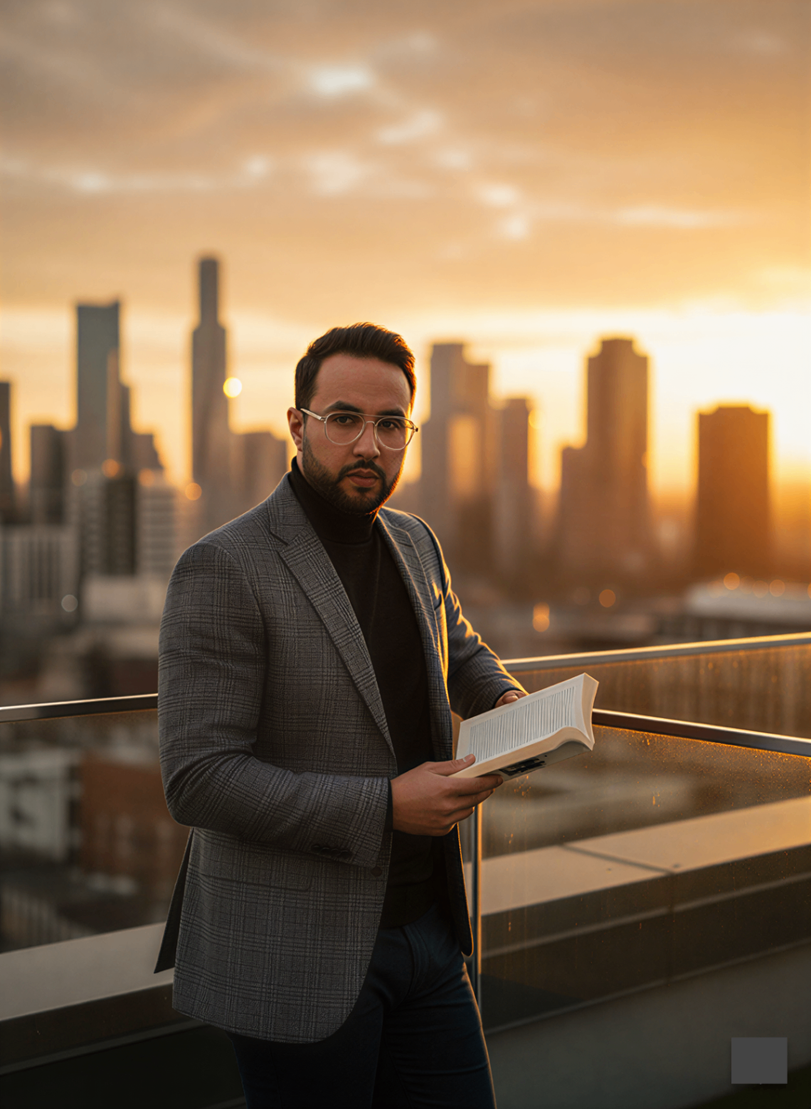 Mousaab Khaldi, business coach for founders, on a rooftop at sunset with a book