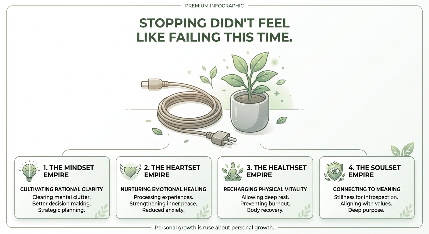 Productivity coaching infographic about rest, recharge, and sustainable performance across the four empires