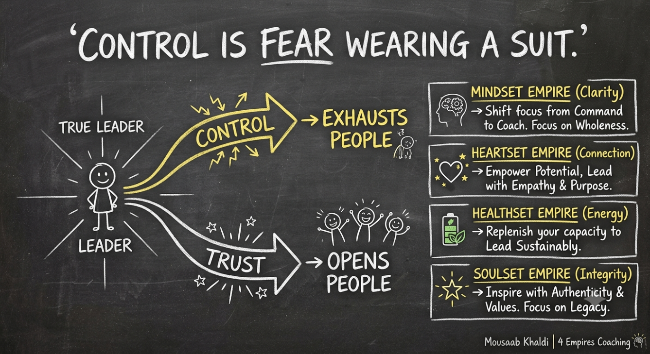 Team trust coaching sketch showing how control exhausts people while trust opens them