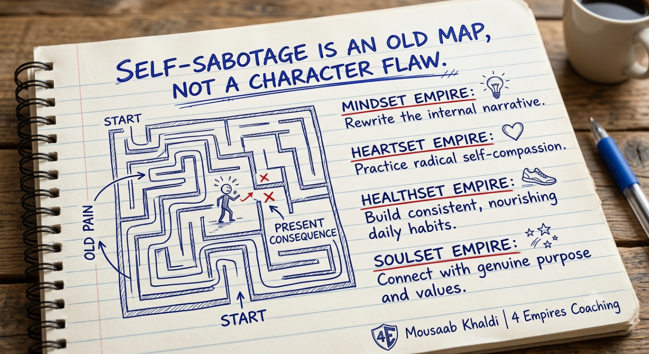Relationship insecurity sketch showing self-sabotage as an old map, not a character flaw