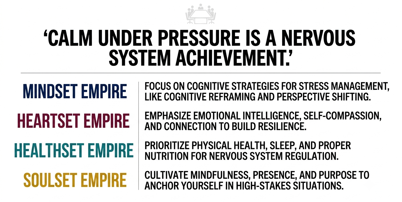 Calm under pressure nervous system achievement — 4 Empires Coaching stress management model across Mindset, Heartset, Healthset and Soulset for founders and executives
