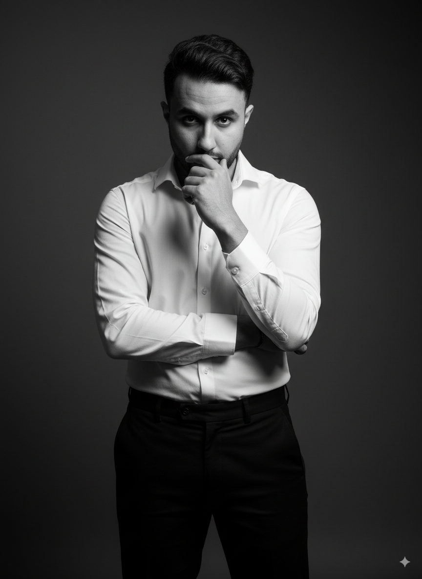 Mousaab Khaldi in a private studio portrait, representing confidentiality in executive coaching