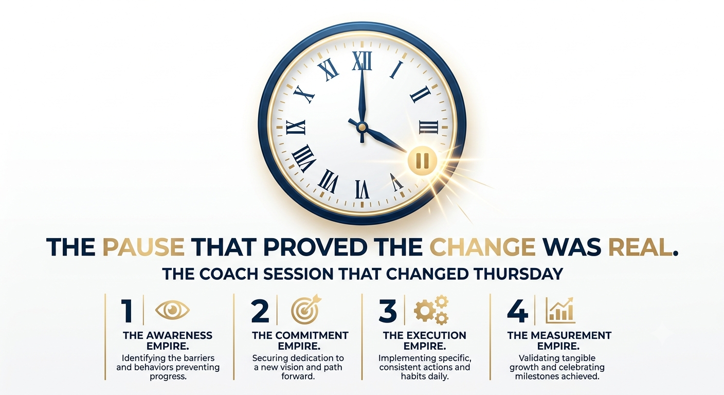 Transition coaching infographic showing the pause that proved real change during a coaching session
