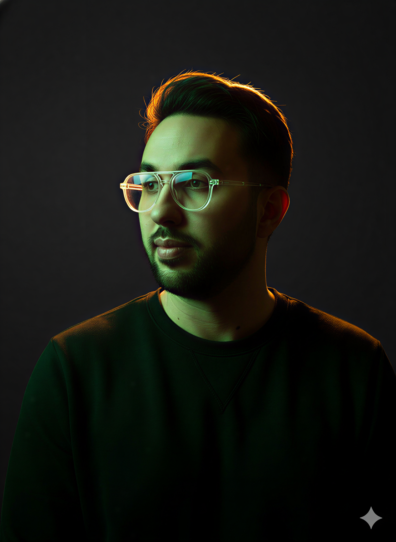 Mousaab Khaldi in a dramatic teal-lit studio portrait, confronting limiting beliefs in leadership