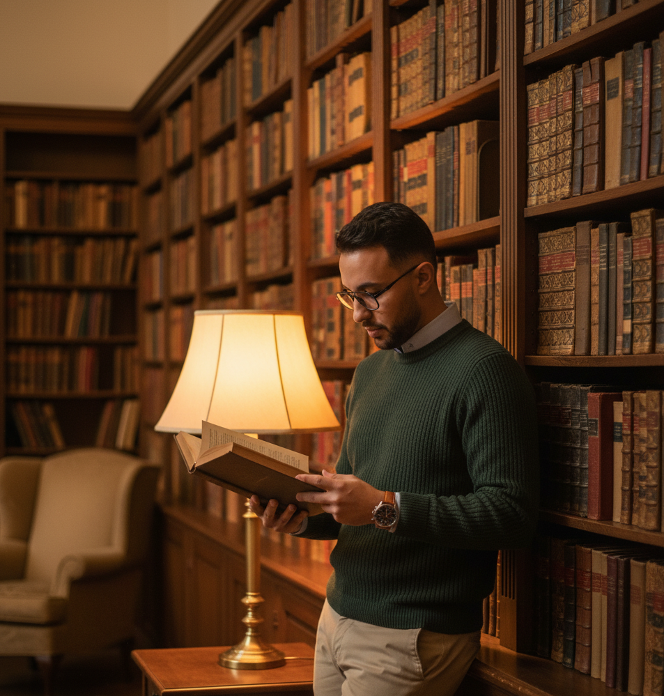 Mousaab Khaldi reading in a wood-paneled library, embodying executive coaching for strategic thinking