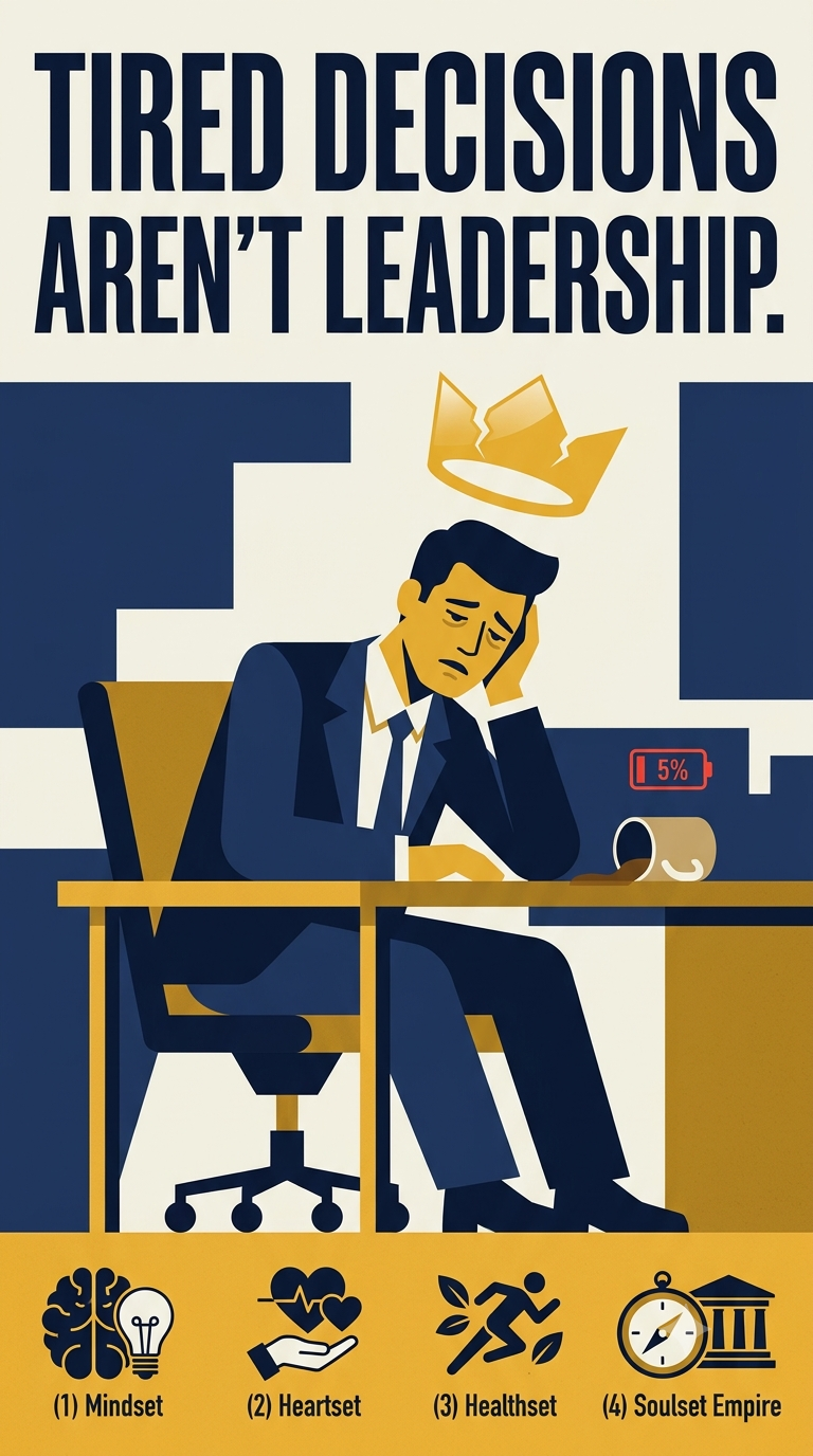 Tired executive leader at desk illustrating why leadership identity alignment matters for founders and executives