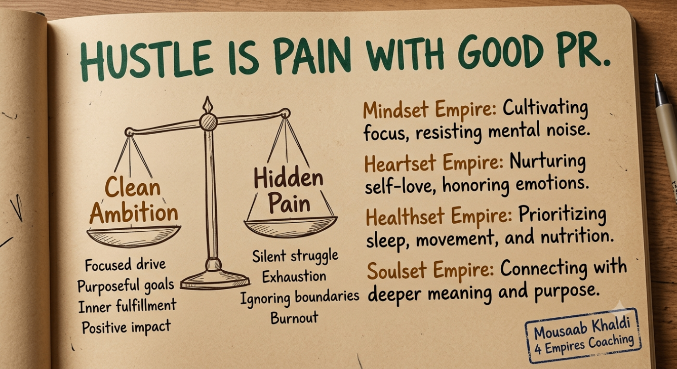 Performance coaching for leaders sketch weighing clean ambition against hidden pain and hustle