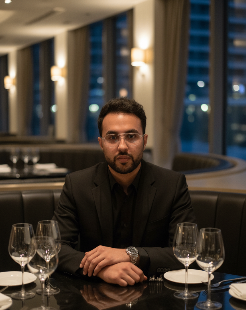 Mousaab Khaldi seated alone at a dining table, contemplating a living legacy beyond business wins