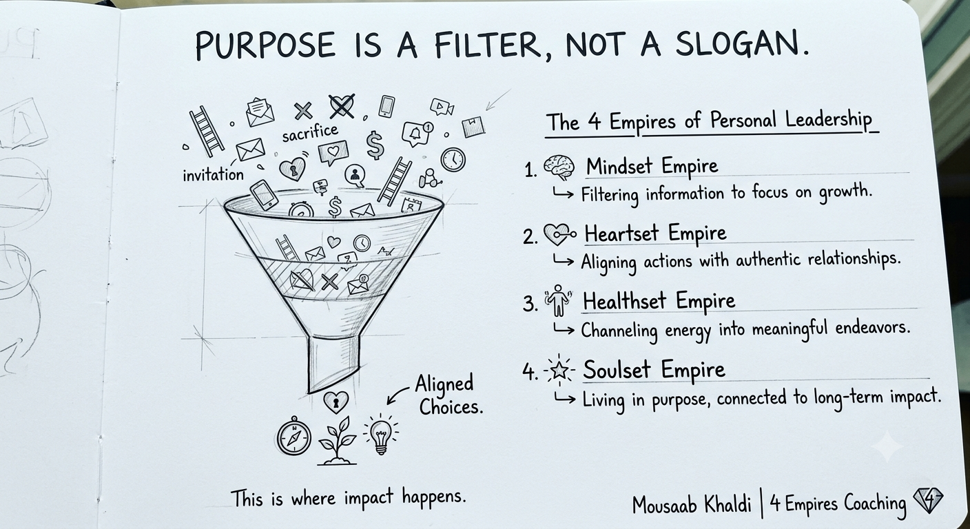 Life purpose coaching sketch showing purpose as a filter for aligned choices