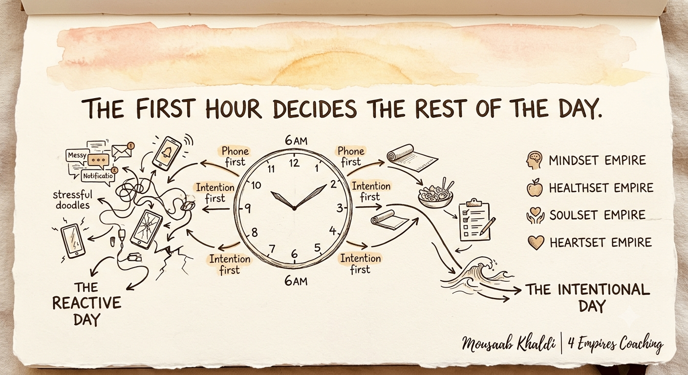 Time management coaching sketch showing how the first hour decides a reactive or intentional day
