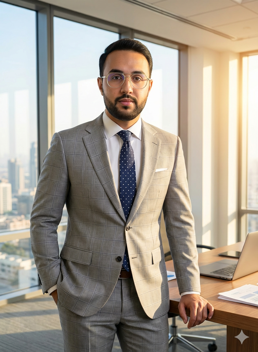 Mousaab Khaldi in a tailored windowpane suit inside a private office, delivering a 6 month executive coaching package