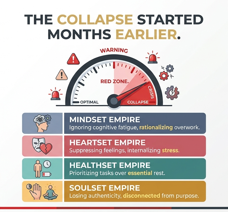 Corporate high performance coach infographic showing the warning signs of collapse months before burnout