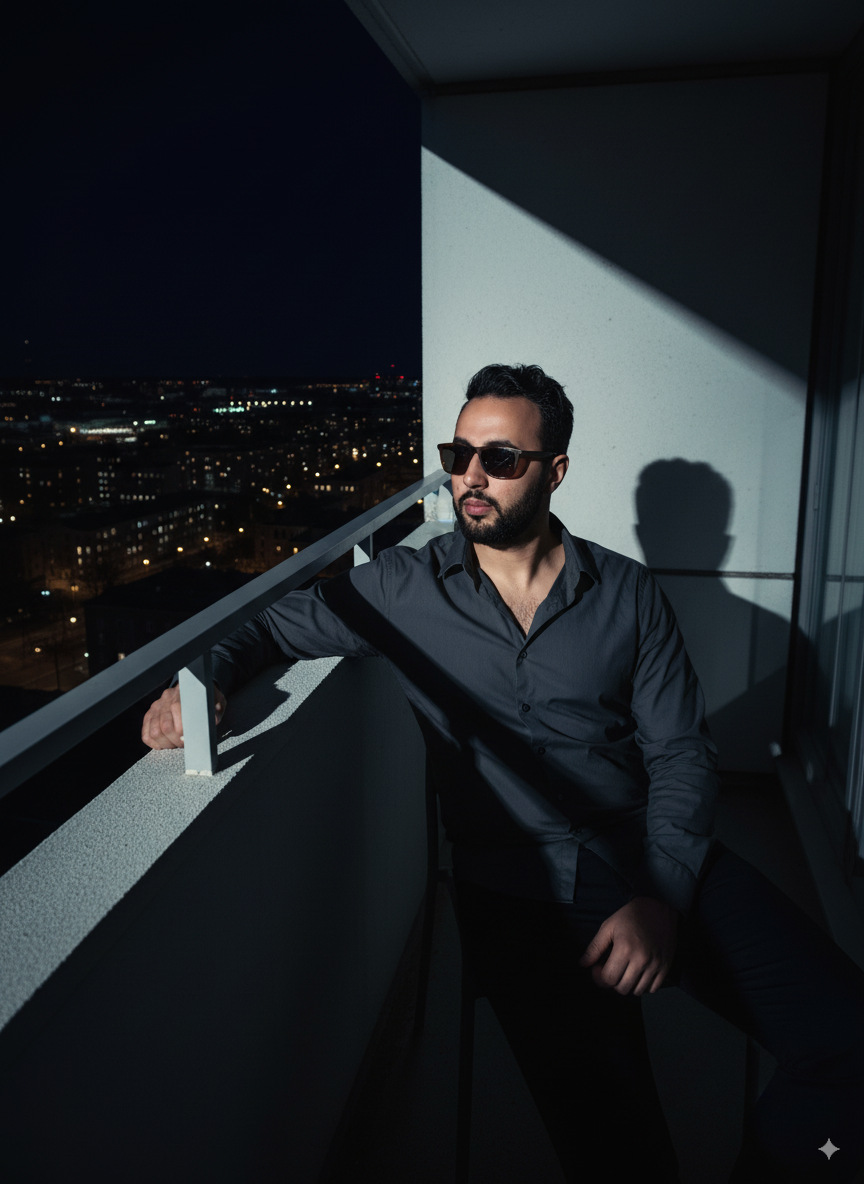 Mousaab Khaldi on a night balcony above the city, reflecting resilience coaching for executives