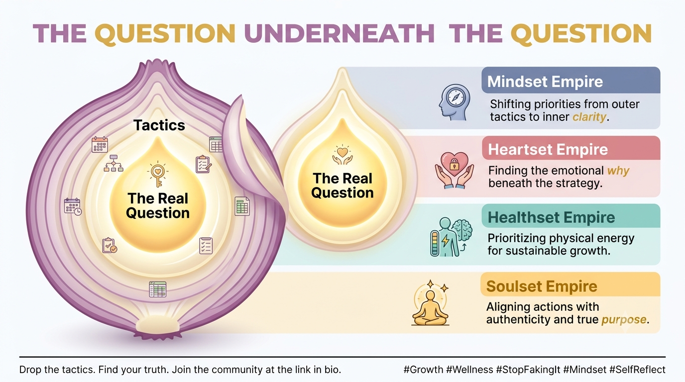 Strategic planning coaching infographic about finding the real question underneath tactical decisions