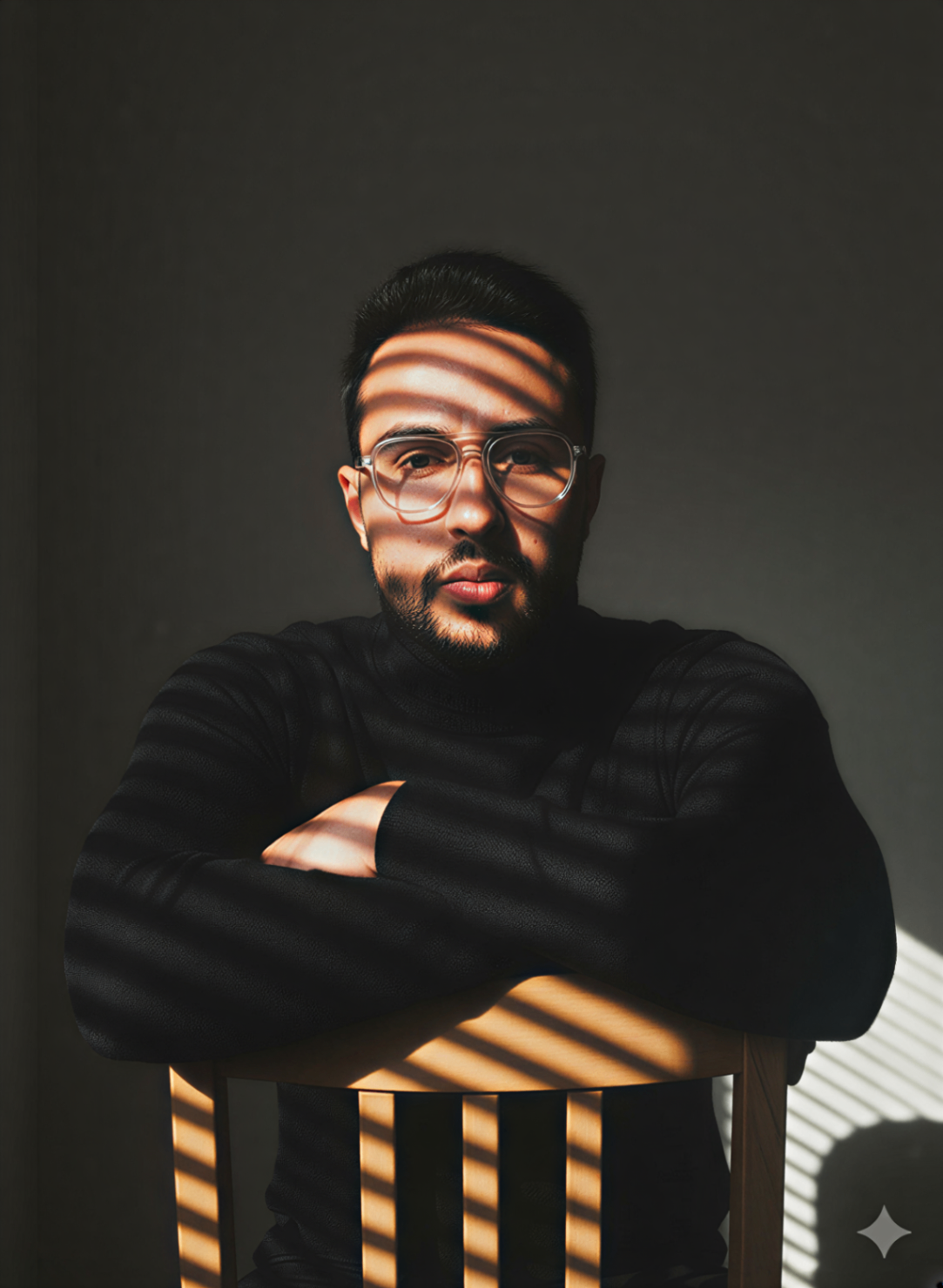 Mousaab Khaldi in a contemplative portrait with light stripes, guiding leaders on finding yourself