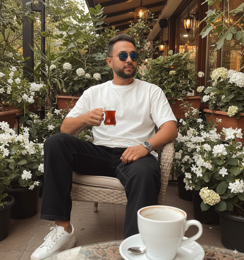 Mousaab Khaldi in a quiet garden with tea, embodying balanced life coaching for founders