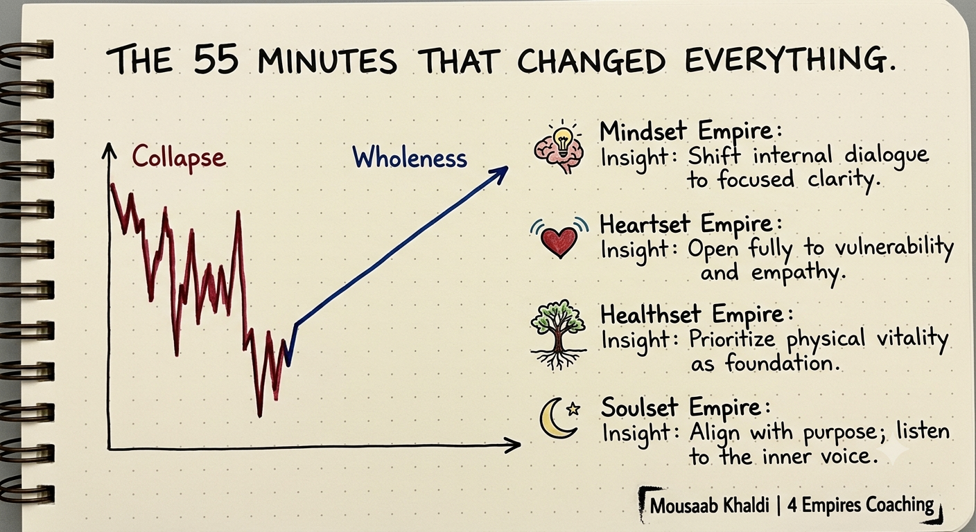 Purpose coaching sketch showing the 55 minutes that shifted collapse into wholeness