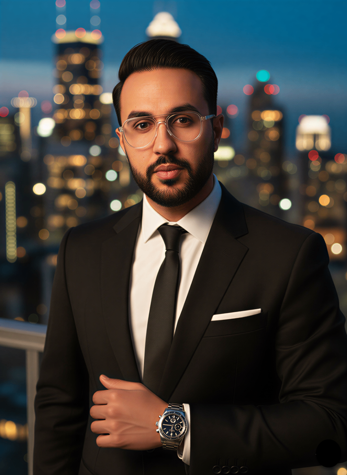 Mousaab Khaldi in a tailored suit against a night cityscape, delivering C suite leadership coaching