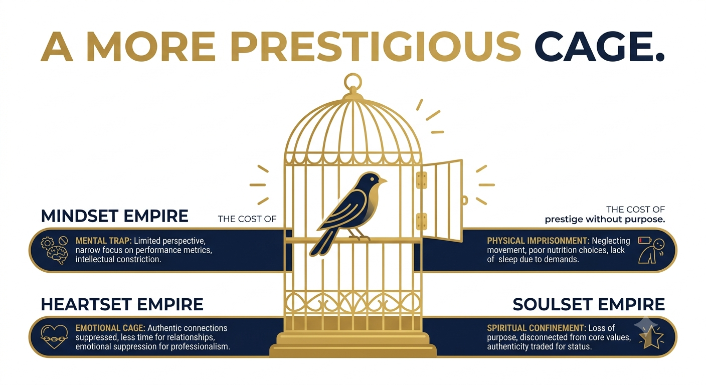 Organizational life coach infographic about prestige without purpose becoming a more prestigious cage
