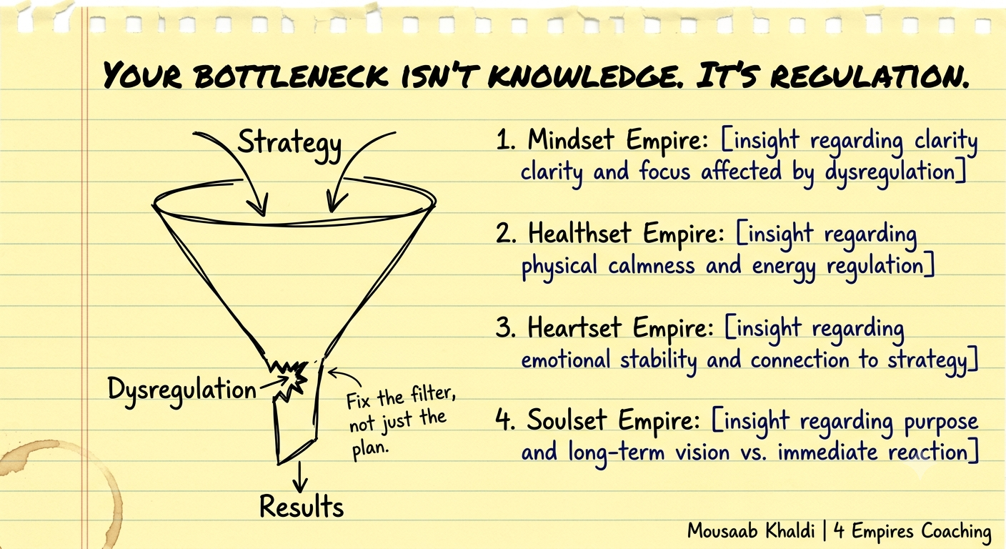Business performance coaching sketch showing dysregulation as the real bottleneck between strategy and results