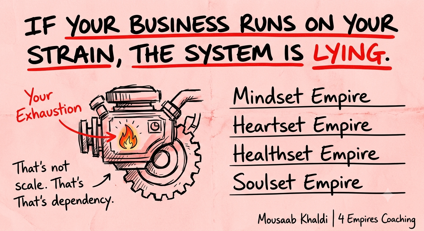 Transformational business coaching sketch showing why a business that runs on founder strain is not real scale