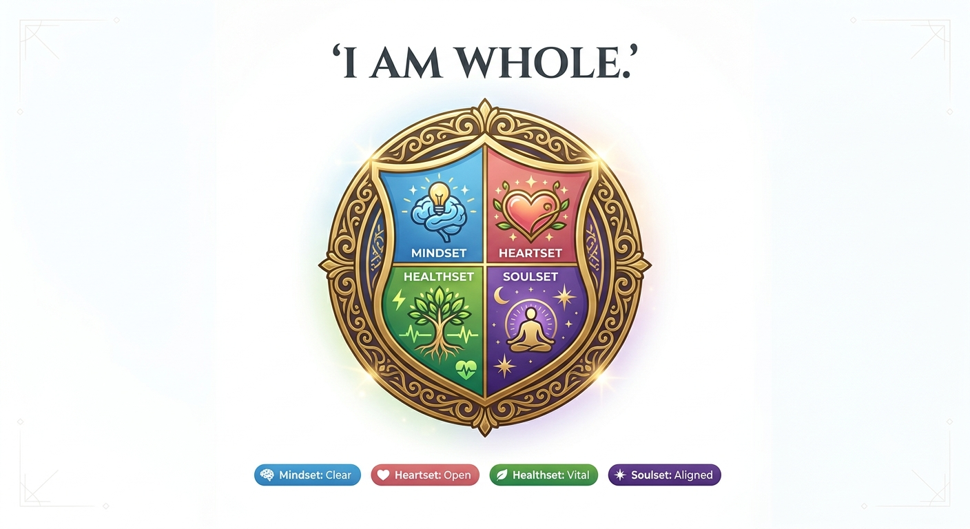 Personal and professional coaching infographic showing whole-person alignment across mindset, heartset, healthset, and soulset
