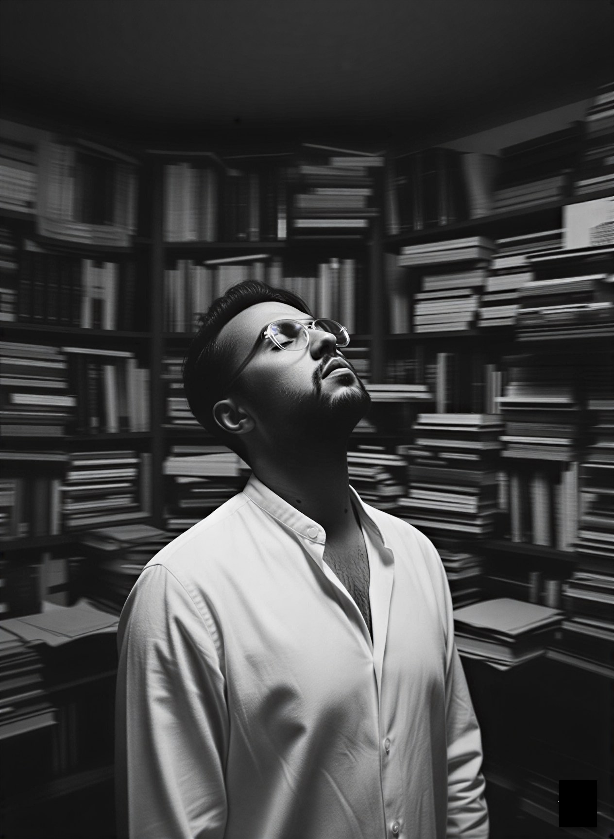 Mousaab Khaldi, founder and executive coach, in quiet reflection surrounded by books